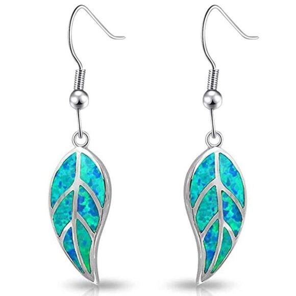 14K White Gold with Genuine Blue Green Fire Opal Leaf Shape Dangle Hook Earrings